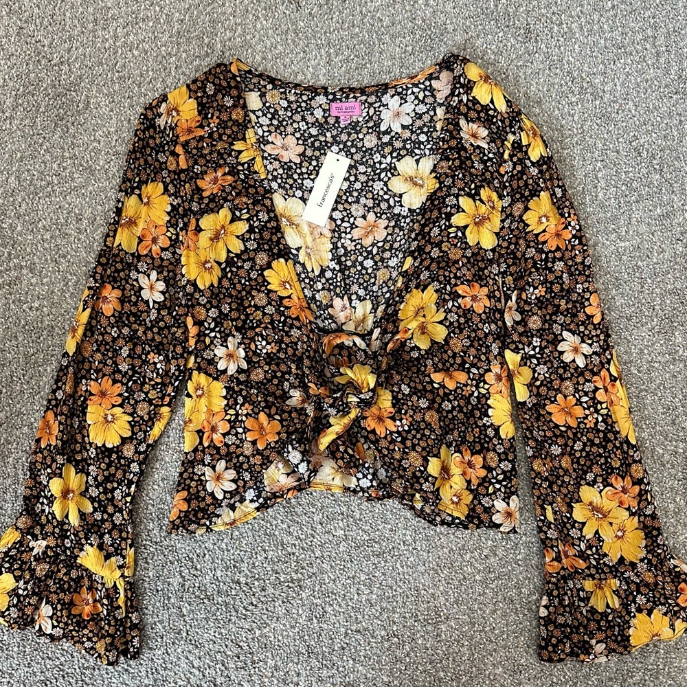 Francesca's Collections Yellow & Orange Floral Tie-Front Crop Top